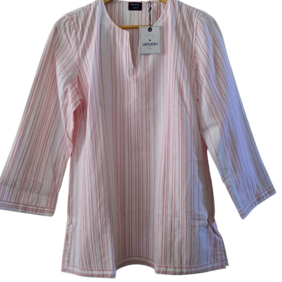 Untuckit New Durfort Cotton Tunic Blouse Top Pink Striped Long Sleeve Size 16 - Picture 2 of 7